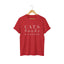Red t-shirt with 'CATS books & COFFEE' text for cat lovers
