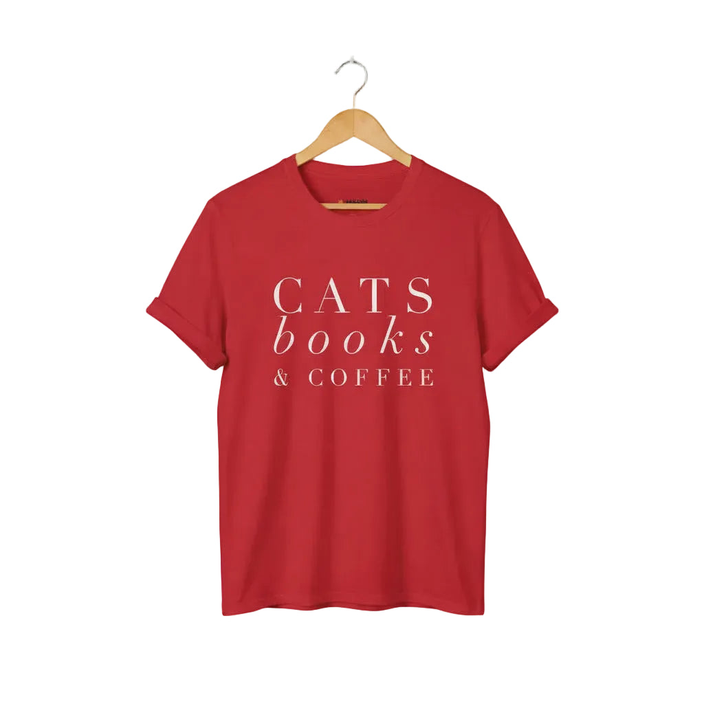 Red t-shirt with 'CATS books & COFFEE' text for cat lovers
