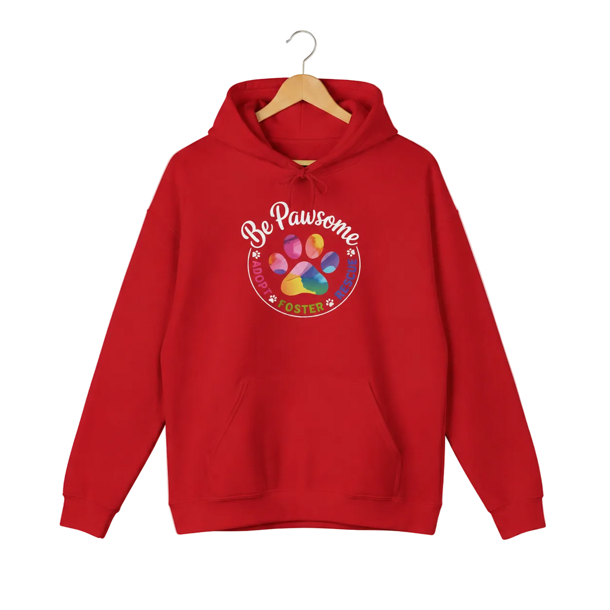 Red pullover hoodie with a colorful paw print for cat rescue and foster supporters, with text 'Be Pawsome Adopt Foster Rescue'.