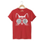 Red t-shirt featuring a black graphic of a cat face wearing sunglasses with the text 'GOOD VIBES' inside the lenses.