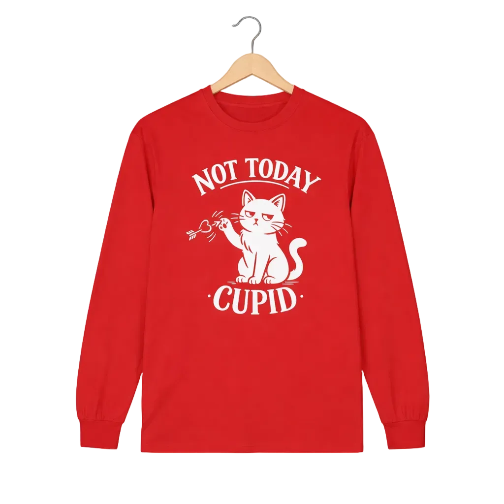 A red long-sleeve t-shirt featuring a white graphic print of a cat holding a small arrow, with the text 'NOT TODAY CUPID' arched above and below the illustration.