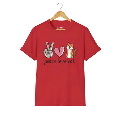 A red short-sleeve t-shirt featuring a graphic print of a peace hand sign, a pink heart, an orange tabby cat, and the text 'peace love cat'.