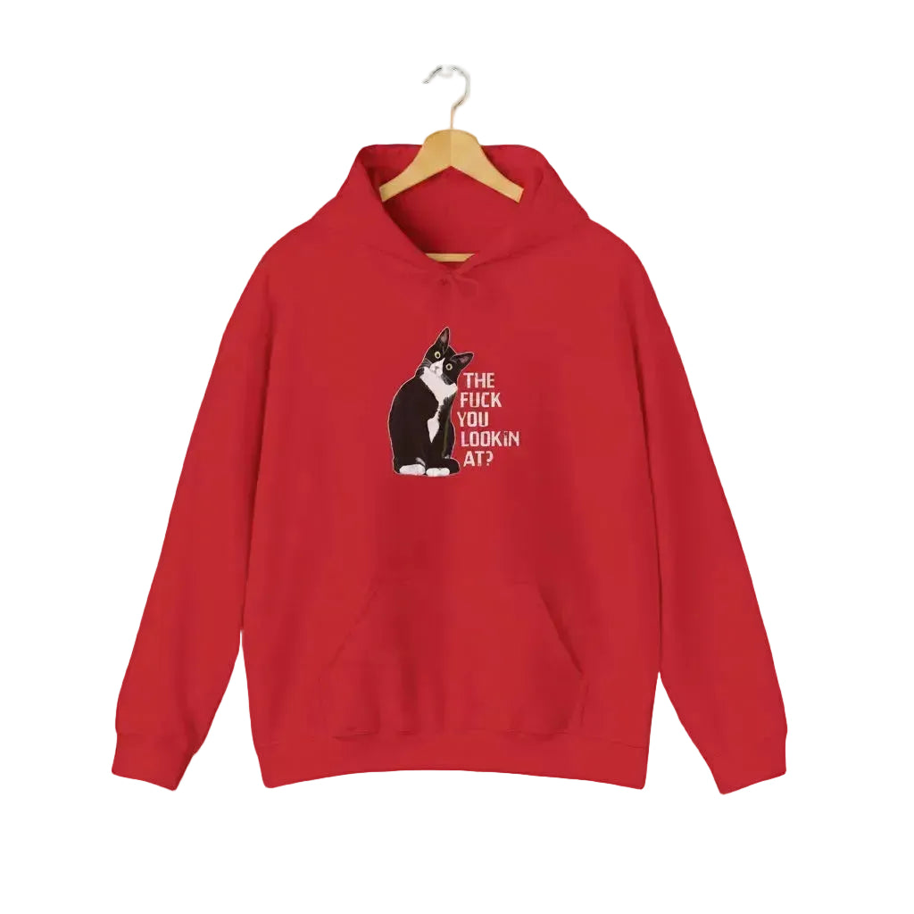 A red hoodie hanging on a wooden hanger against a white background, with the text 'The F*ck You Lookin’ At?'.
