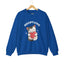 A royal blue crewneck sweatshirt featuring a cartoon graphic of a gray tabby cat holding a red heart, with the text 'ADOPT LOVE' printed above it in white for cat lovers.