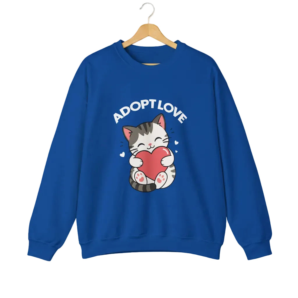 A royal blue crewneck sweatshirt featuring a cartoon graphic of a gray tabby cat holding a red heart, with the text 'ADOPT LOVE' printed above it in white for cat lovers.