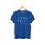 Royal blue t-shirt with 'CATS books & COFFEE' text for cat lovers