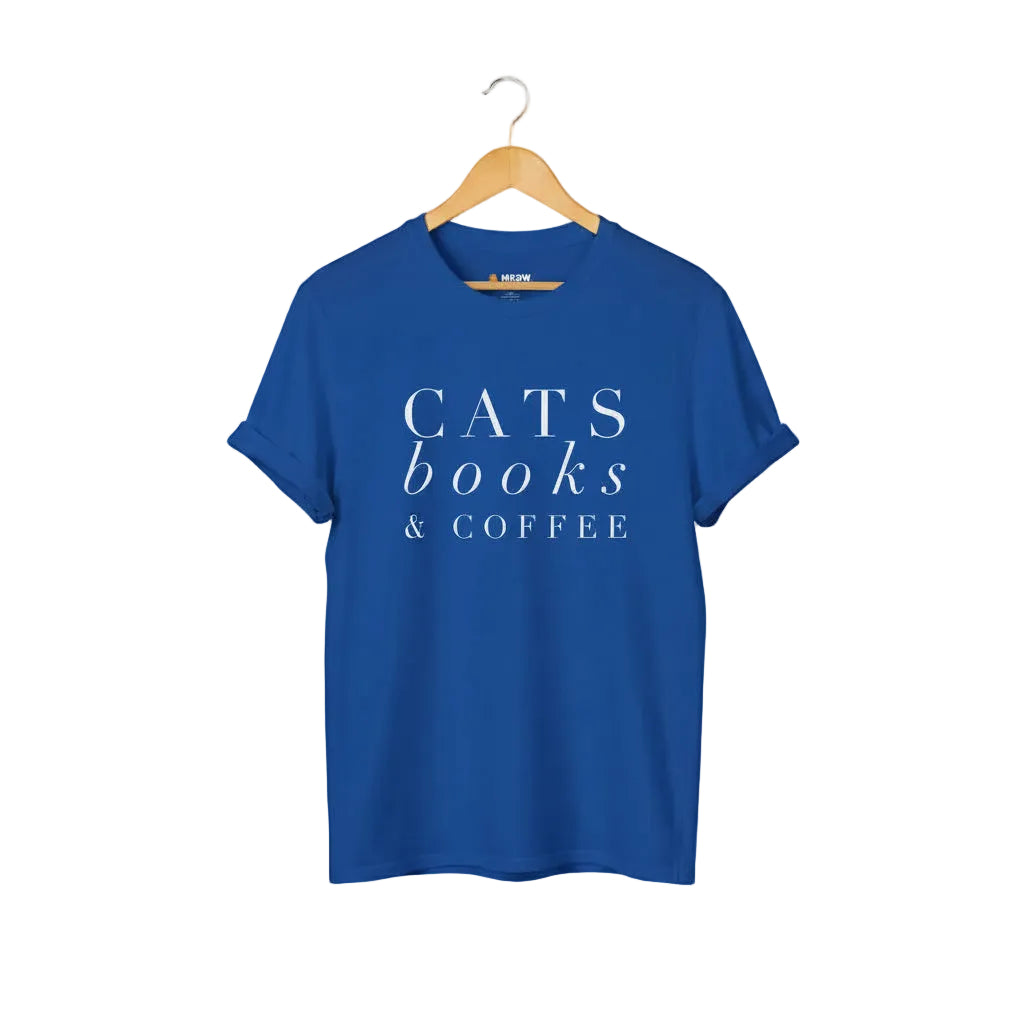 Royal blue t-shirt with 'CATS books & COFFEE' text for cat lovers