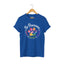 Royal blue cat rescue t-shirt featuring a rainbow paw print graphic with text 'Be Pawsome Adopt Foster Rescue'.