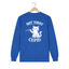 A royal blue long-sleeve t-shirt featuring a white graphic print of a cat holding a small arrow, with the text 'NOT TODAY CUPID' arched above and below the illustration.