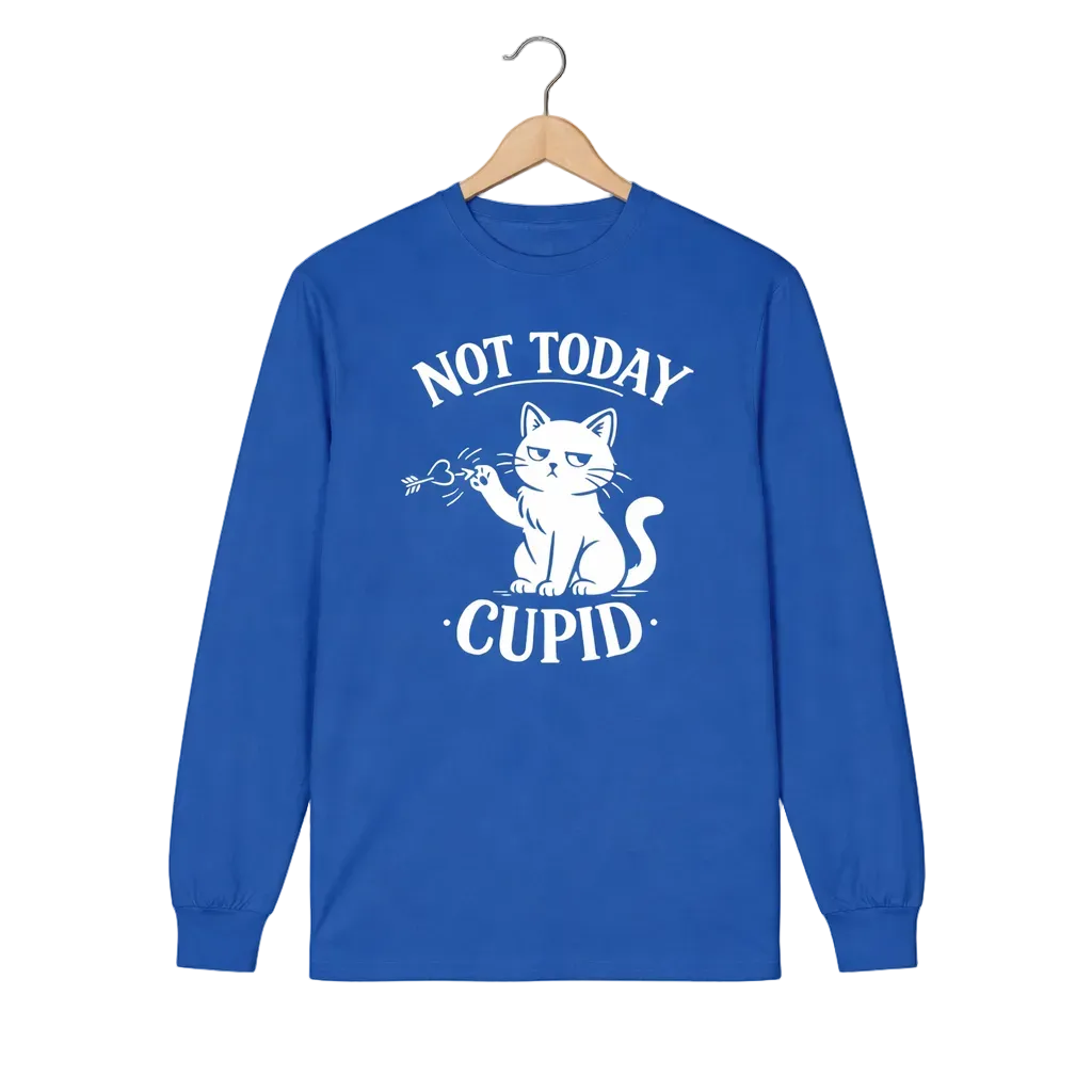 A royal blue long-sleeve t-shirt featuring a white graphic print of a cat holding a small arrow, with the text 'NOT TODAY CUPID' arched above and below the illustration.