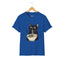 Royal blue t-shirt with a black cat eating ramen graphic.
