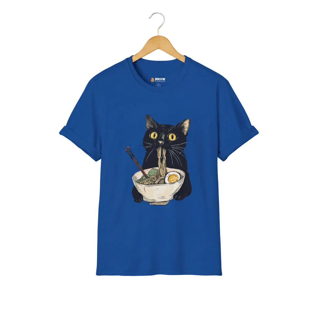 Royal blue t-shirt with a black cat eating ramen graphic.