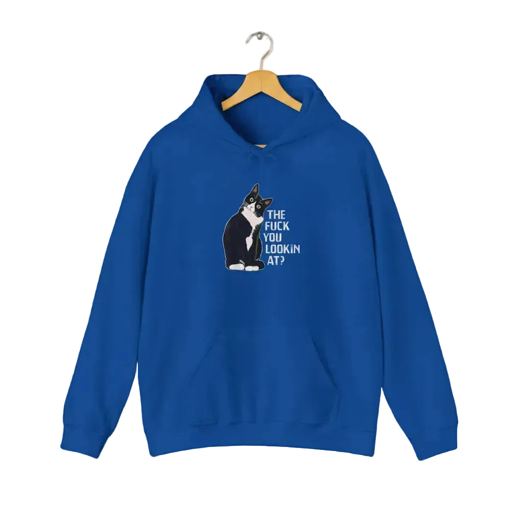 A royal blue hoodie hanging on a wooden hanger against a white background, with the text 'The F*ck You Lookin’ At?'.