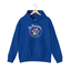 Royal pullover hoodie with a colorful paw print for cat rescue and foster supporters, with text 'Be Pawsome Adopt Foster Rescue'.