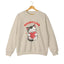 A sand crewneck sweatshirt featuring a cartoon graphic of a gray tabby cat holding a red heart, with the text 'ADOPT LOVE' printed above it in white for cat lovers.