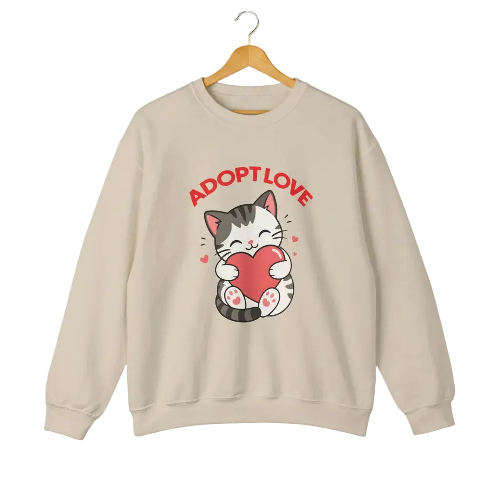 A sand crewneck sweatshirt featuring a cartoon graphic of a gray tabby cat holding a red heart, with the text 'ADOPT LOVE' printed above it in white for cat lovers.