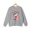 A sport grey crewneck sweatshirt featuring a cartoon graphic of a gray tabby cat holding a red heart, with the text 'ADOPT LOVE' printed above it in white for cat lovers.