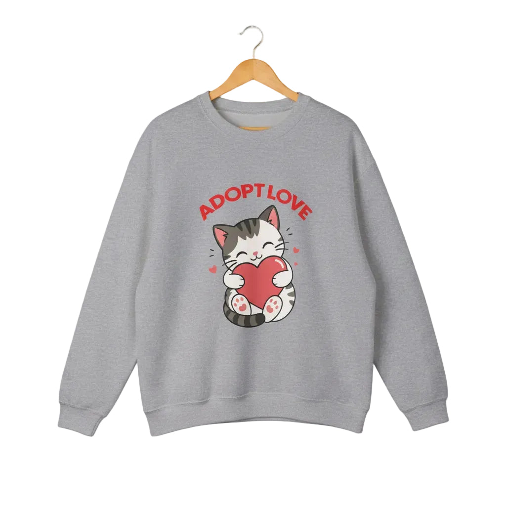 A sport grey crewneck sweatshirt featuring a cartoon graphic of a gray tabby cat holding a red heart, with the text 'ADOPT LOVE' printed above it in white for cat lovers.