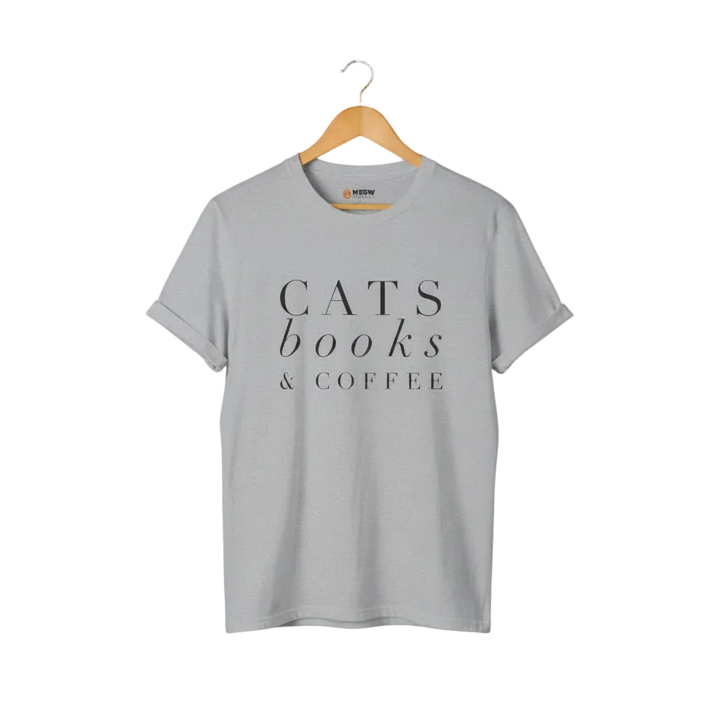 Sport grey t-shirt with 'CATS books & COFFEE' text for cat lovers
