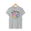 Sport grey rescue t-shirt featuring a rainbow paw print graphic with text 'Be Pawsome Adopt Foster Rescue'.