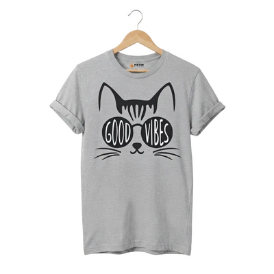 Sport grey t-shirt featuring a black graphic of a cat face wearing sunglasses with the text 'GOOD VIBES' inside the lenses.