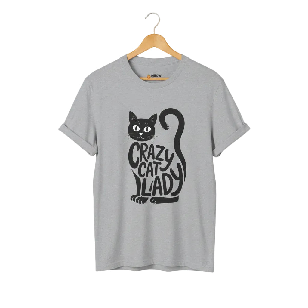 Sport grey t-shirt with black cat graphic and 'Crazy Cat Lady' text for cat lovers.