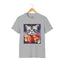 A sport grey short-sleeve crewneck t-shirt. The front of the shirt features a square graphic print of a tabby cat holding a slice of pizza and a taco against a colorful cosmic background.