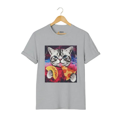 A sport grey short-sleeve crewneck t-shirt. The front of the shirt features a square graphic print of a tabby cat holding a slice of pizza and a taco against a colorful cosmic background.