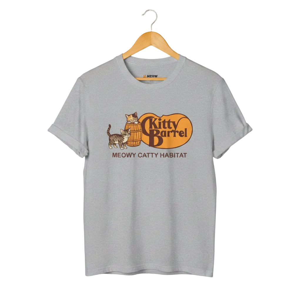 Sport grey unisex graphic t-shirt with vintage Kitty Barrel logo, tabby cats, and 'MEOWY CATTY HABITAT' text.