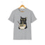 Sport grey t-shirt with a black cat eating ramen graphic.