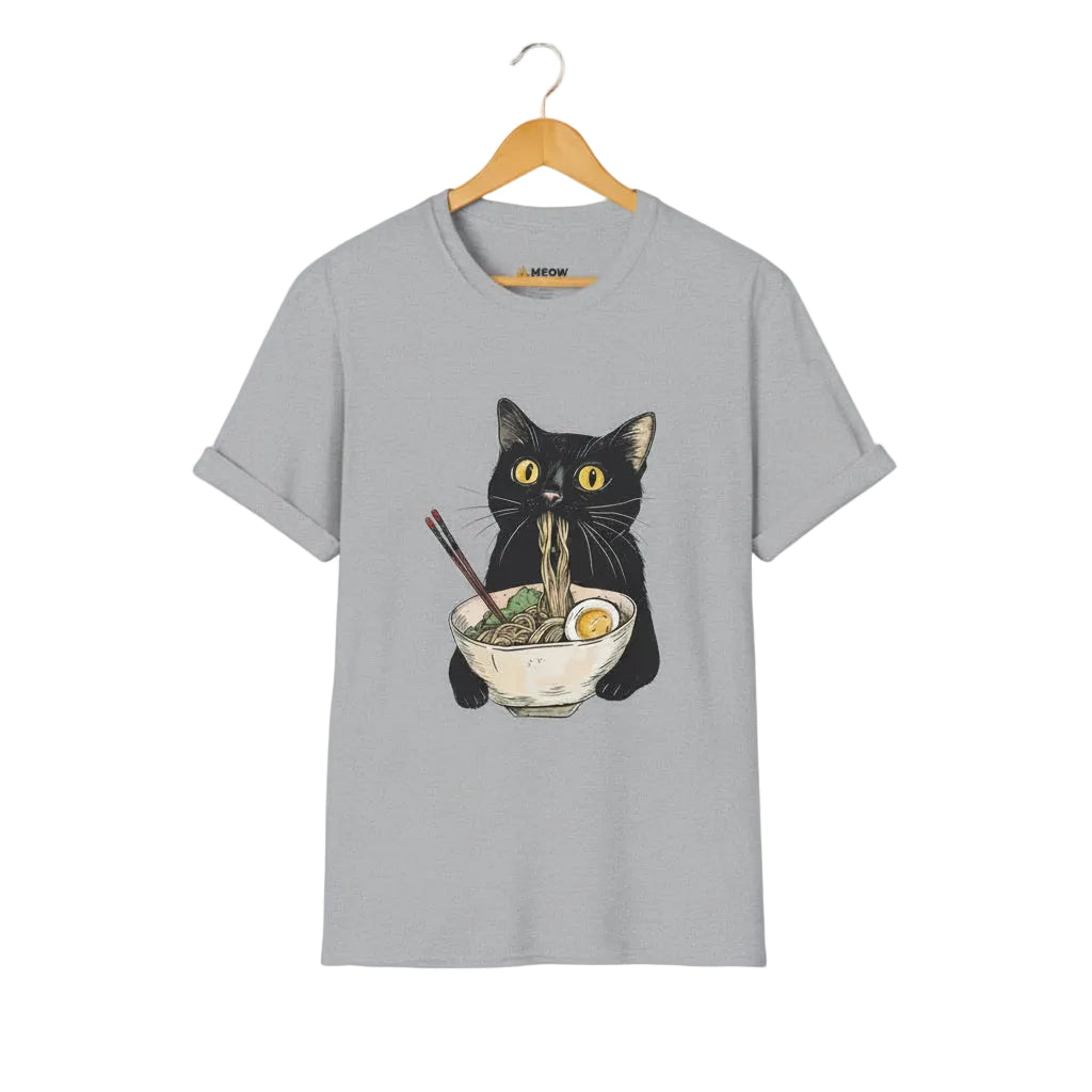 Sport grey t-shirt with a black cat eating ramen graphic.