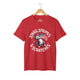 Red unisex short-sleeve t-shirt with a graphic of a cartoon cat holding an American flag and the text 'STARS, STRIPES & SCRATCHES'.
