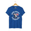 Royal blue unisex short-sleeve t-shirt with a graphic of a cartoon cat holding an American flag and the text 'STARS, STRIPES & SCRATCHES'.