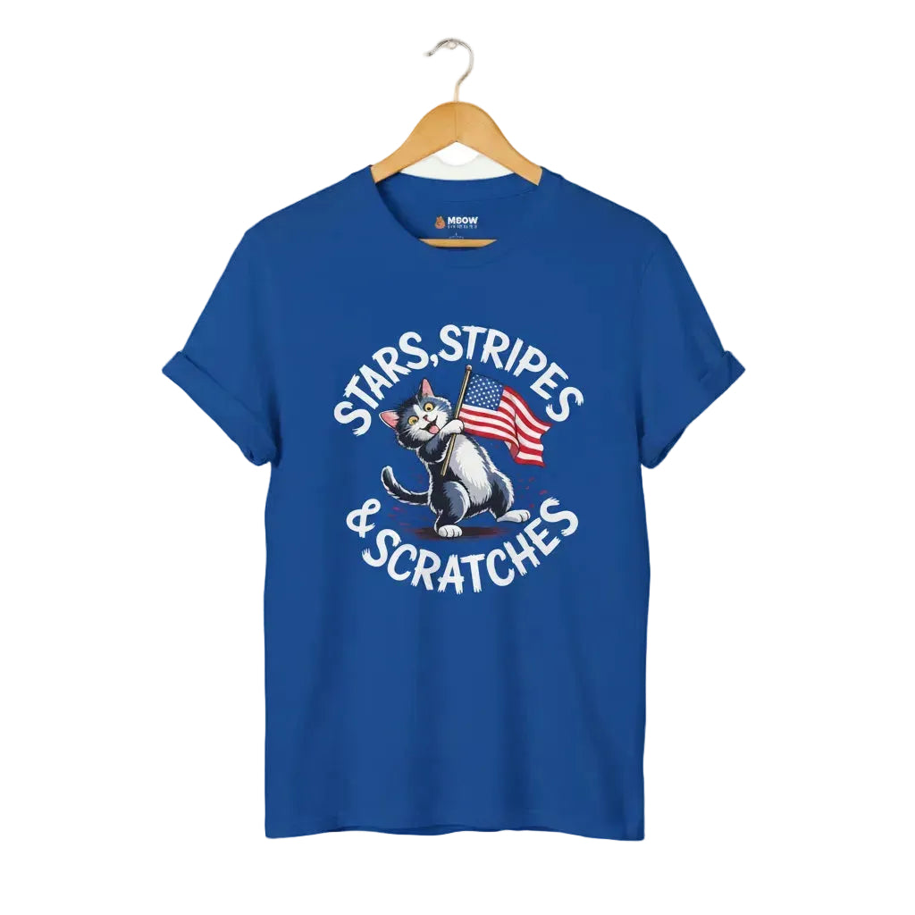 Royal blue unisex short-sleeve t-shirt with a graphic of a cartoon cat holding an American flag and the text 'STARS, STRIPES & SCRATCHES'.