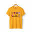Gold Stay Pawsitive t-shirt with colorful cat paws illustration for cat lovers.