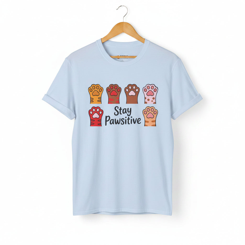 Light blue Stay Pawsitive t-shirt with colorful cat paws illustration for cat lovers.