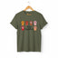 Military green Stay Pawsitive t-shirt with colorful cat paws illustration for cat lovers.