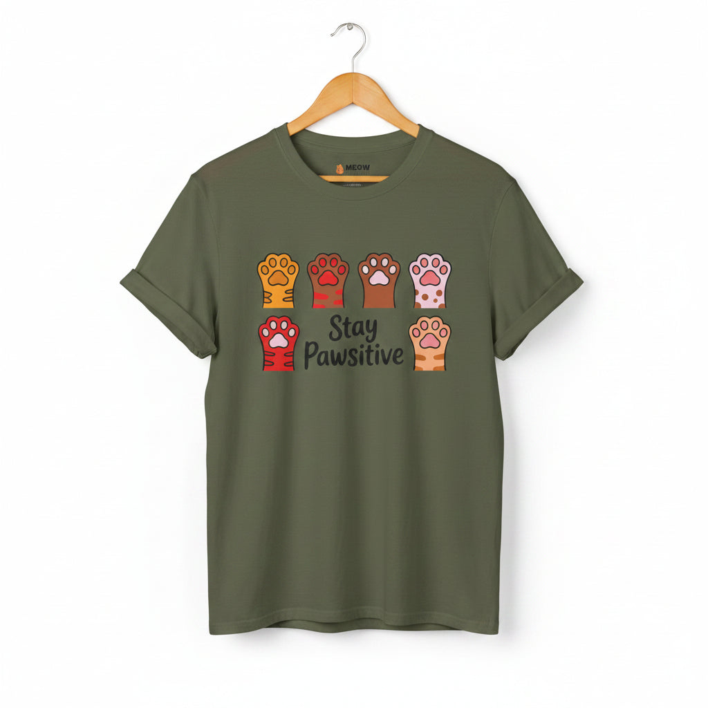 Military green Stay Pawsitive t-shirt with colorful cat paws illustration for cat lovers.