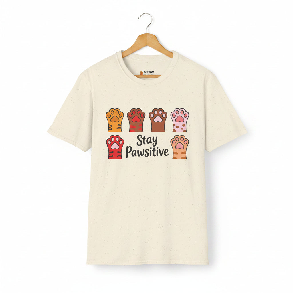 Natural Stay Pawsitive t-shirt with colorful cat paws illustration for cat lovers.