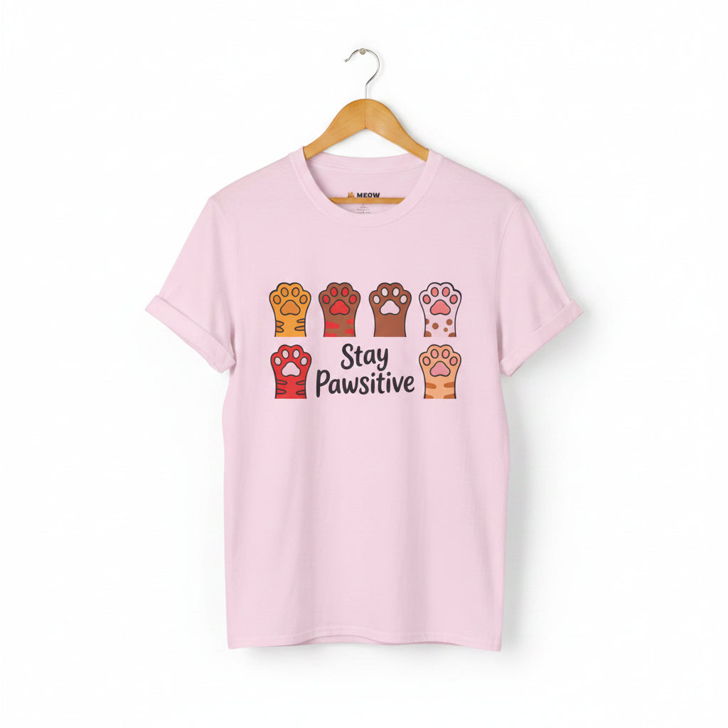 Light pink Stay Pawsitive t-shirt with colorful cat paws illustration for cat lovers.