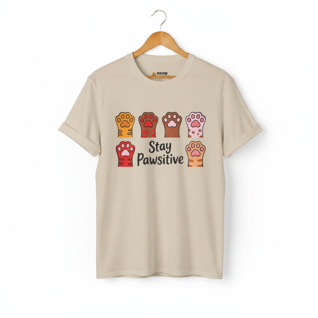 Sand Stay Pawsitive t-shirt with colorful cat paws illustration for cat lovers.