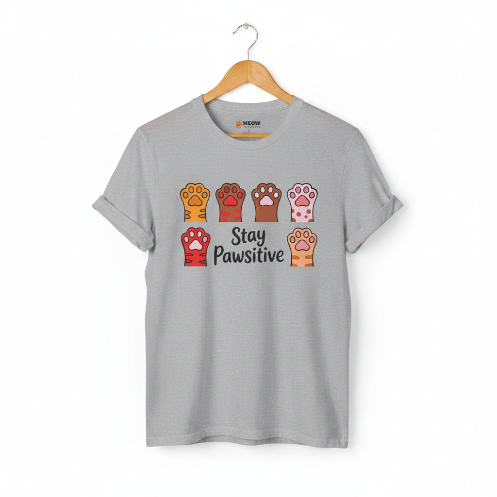 Sport grey Stay Pawsitive t-shirt with colorful cat paws illustration for cat lovers.