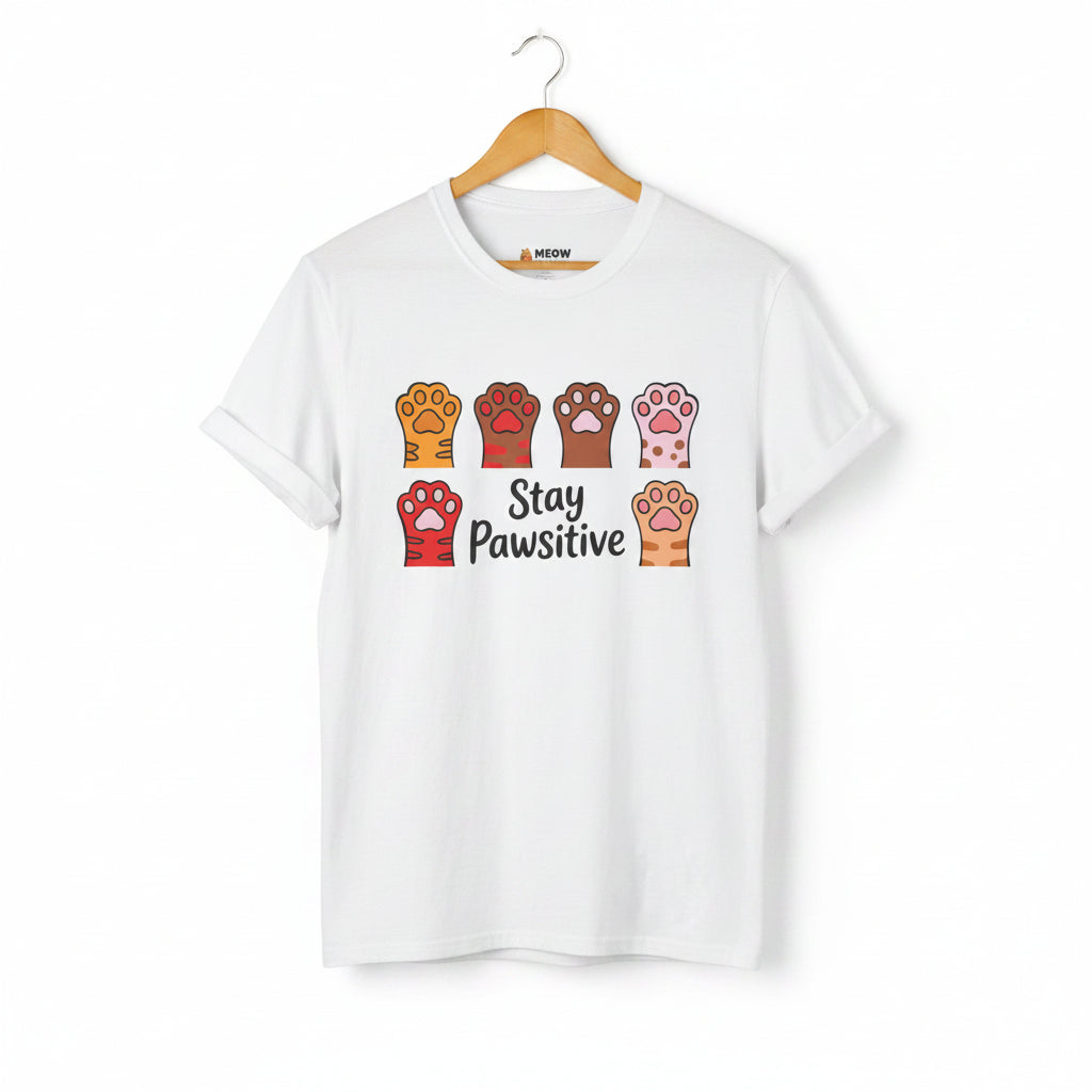 White Stay Pawsitive t-shirt with colorful cat paws illustration for cat lovers.