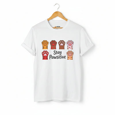 White Stay Pawsitive t-shirt with colorful cat paws illustration for cat lovers.