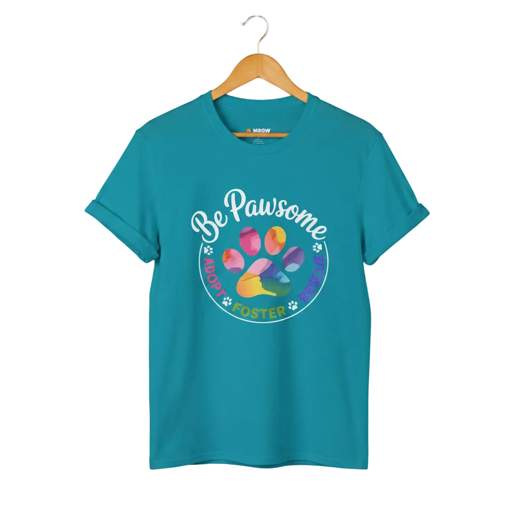 Tropical blue cat rescue t-shirt featuring a rainbow paw print graphic with text 'Be Pawsome Adopt Foster Rescue'.