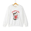 A white crewneck sweatshirt featuring a cartoon graphic of a gray tabby cat holding a red heart, with the text 'ADOPT LOVE' printed above it in white for cat lovers.