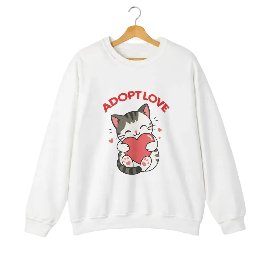 A white crewneck sweatshirt featuring a cartoon graphic of a gray tabby cat holding a red heart, with the text 'ADOPT LOVE' printed above it in white for cat lovers.