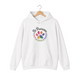 White pullover hoodie with a colorful paw print for cat rescue and foster supporters, with text 'Be Pawsome Adopt Foster Rescue'.