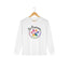White long sleeve cat rescue shirt with a colorful paw print graphic and text 'Be Pawsome Adopt Foster Rescue'.
