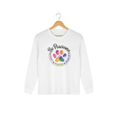 White long sleeve cat rescue shirt with a colorful paw print graphic and text 'Be Pawsome Adopt Foster Rescue'.